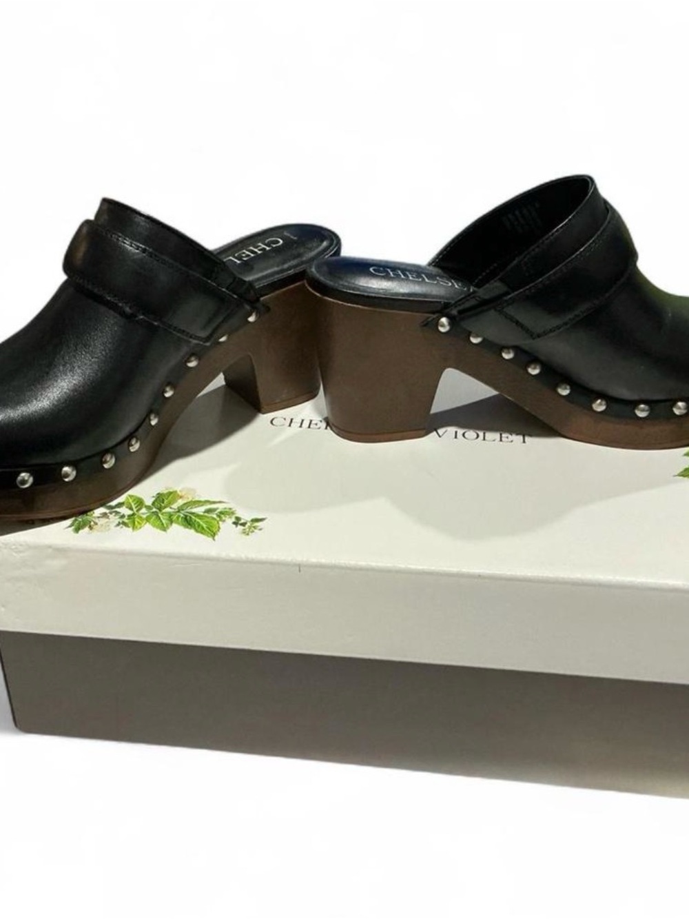 Chelsea & Violet Black Leather Clog Mules with Brown Wood Heel Silver Studs